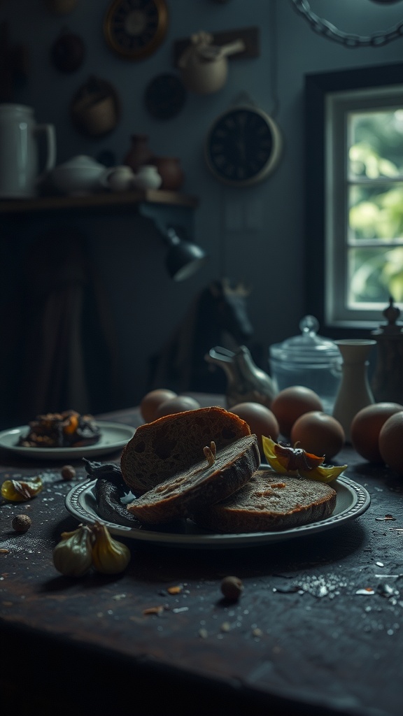 A haunting kitchen with decayed ingredients and disturbing food presentation, embodying the horror of Marguerite Baker.